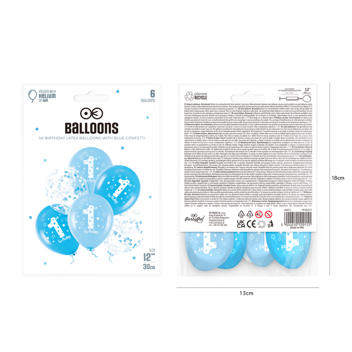 One Year Old Birthday Balloons Blue 12 Inches 6 pcs Set