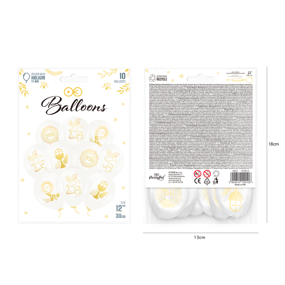 Balony komunijne Komunia Święta biało-złote 12cali 10szt. zestaw