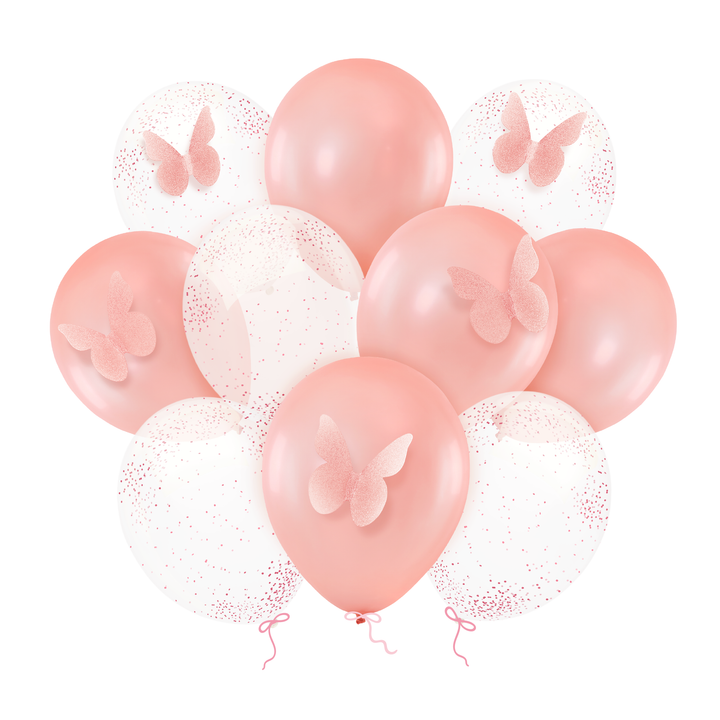 Balony z motylami i konfetti rose gold 12cali 10szt.