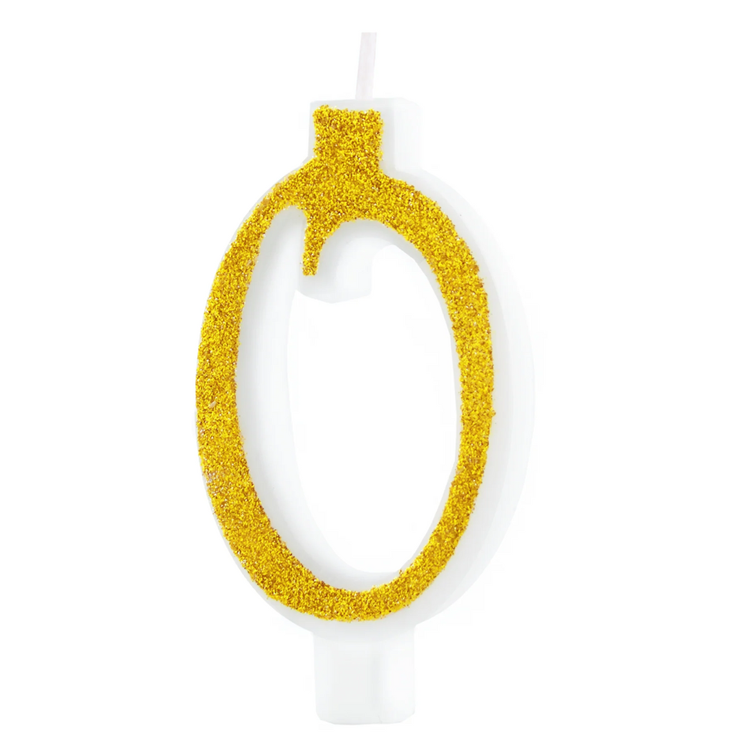 Small gold glitter candle, number 0