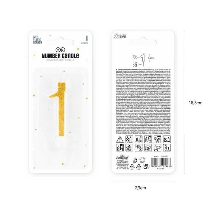 Small gold candle with glitter, number 1