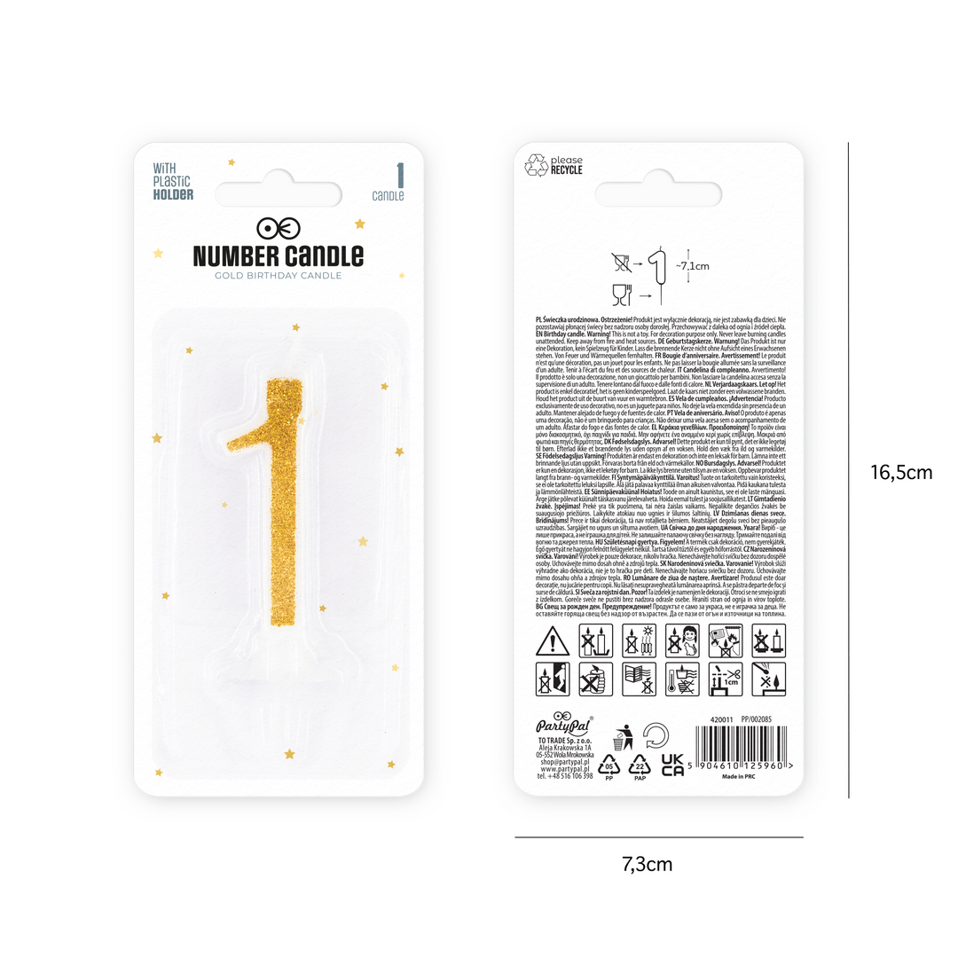 Small gold candle with glitter, number 1