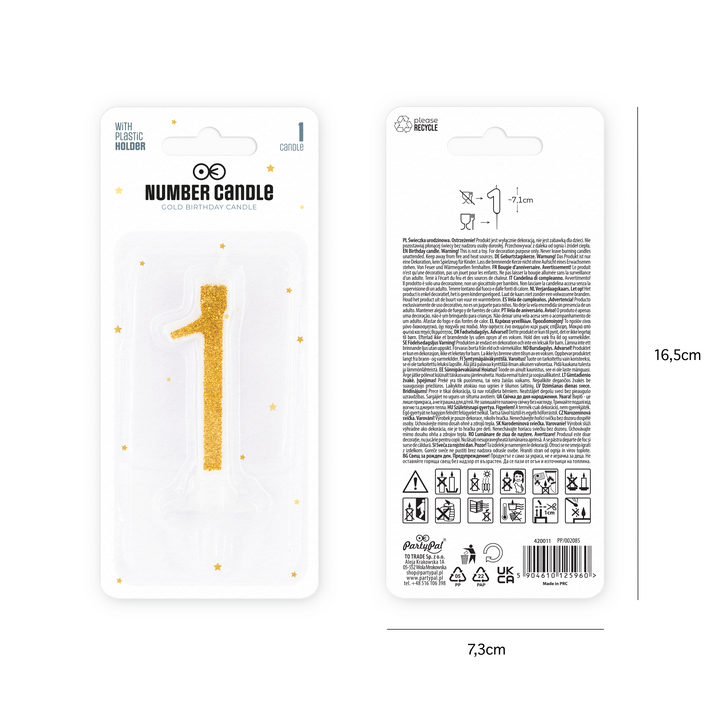 Small gold candle with glitter, number 1