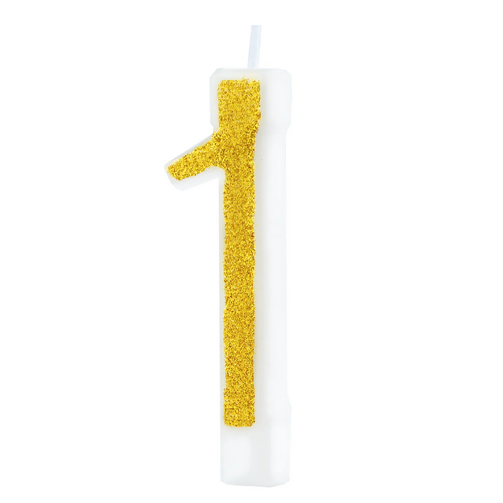 Small gold candle with glitter, number 1