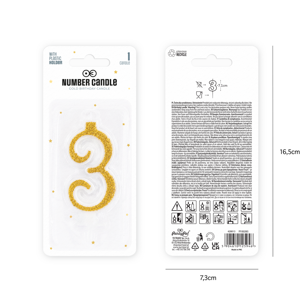 Small gold candle with glitter, number 3