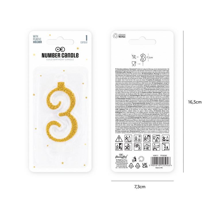Small gold candle with glitter, number 3
