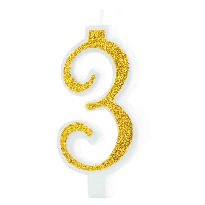Small gold candle with glitter, number 3