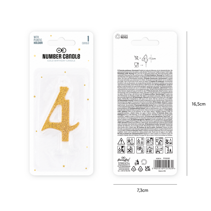 Small gold candle with glitter, number 4