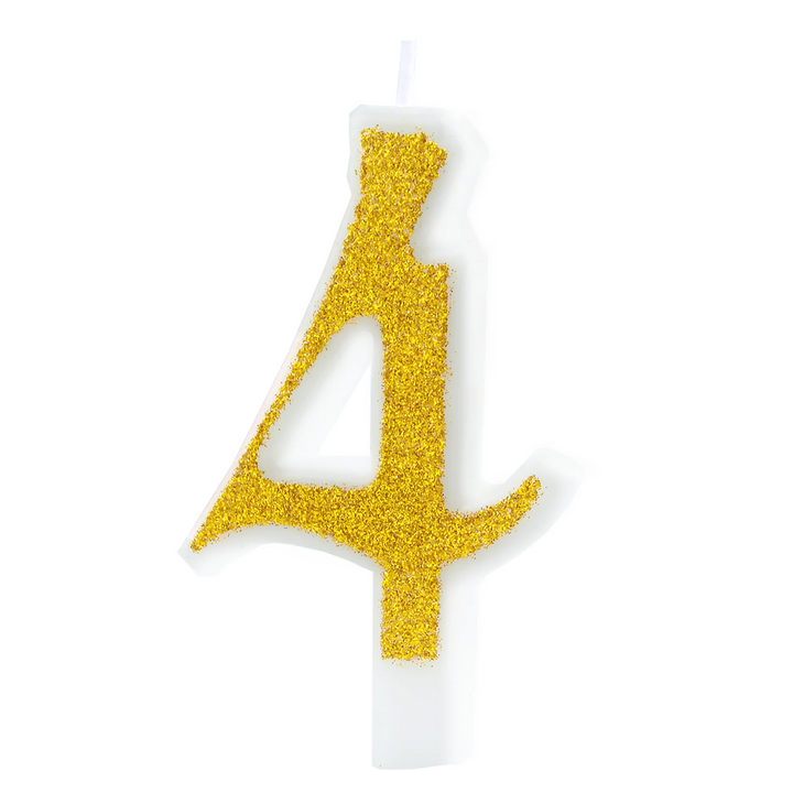 Small gold candle with glitter, number 4