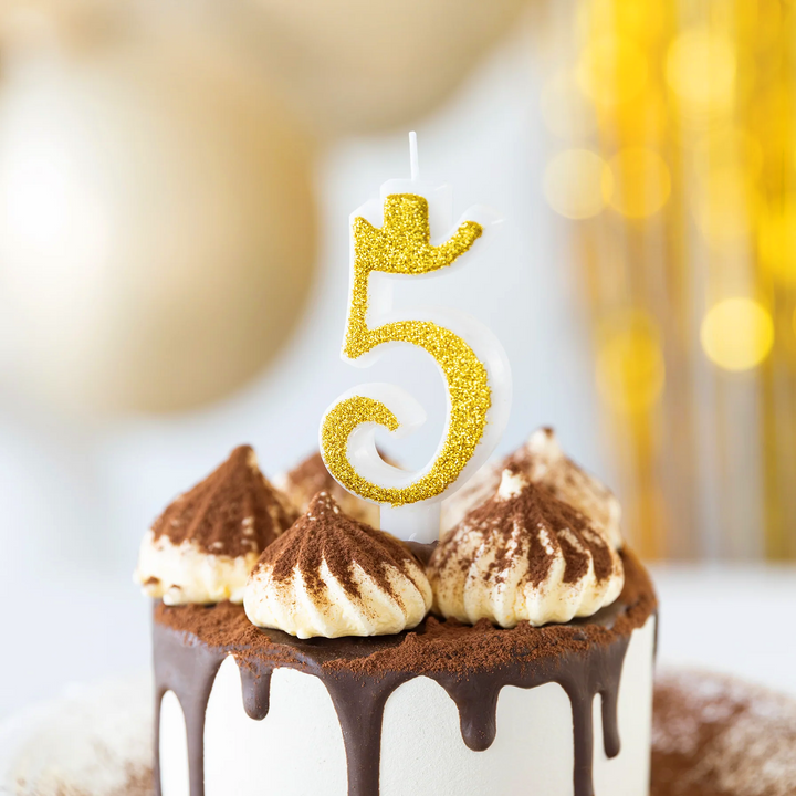 Small gold candle with glitter, number 5