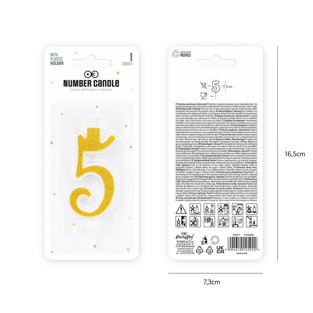 Small gold candle with glitter, number 5