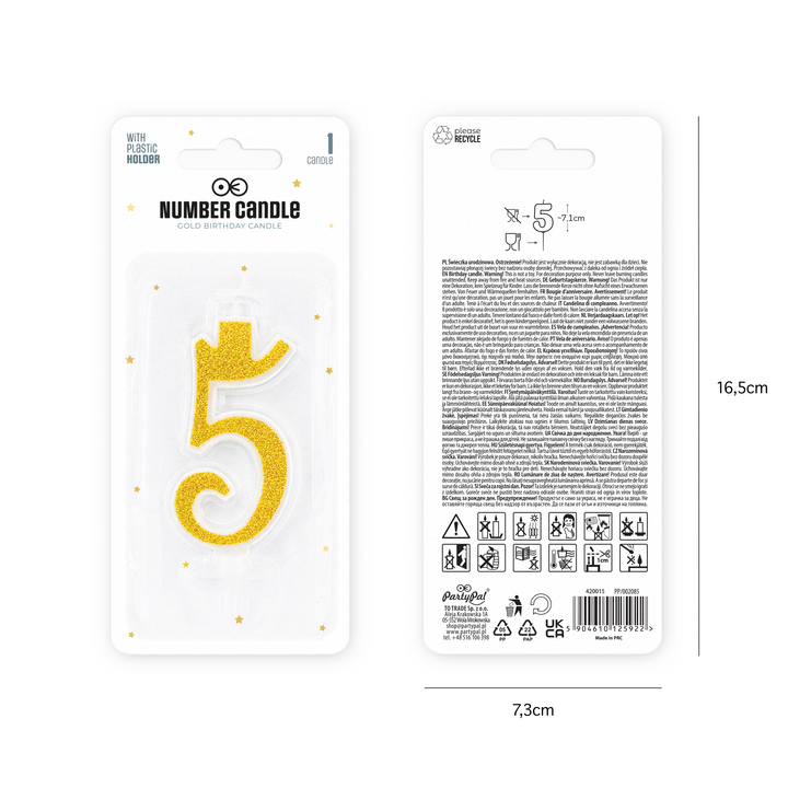 Small gold candle with glitter, number 5