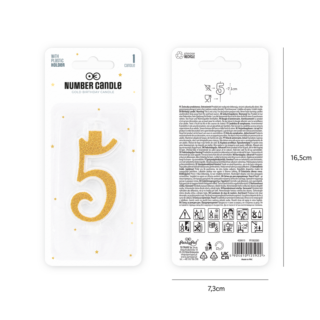 Small gold candle with glitter, number 5