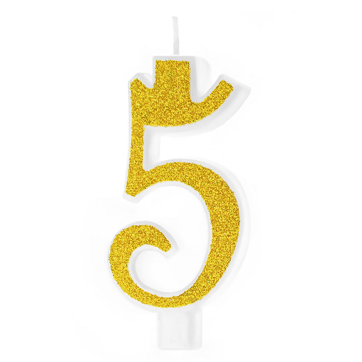 Small gold candle with glitter, number 5