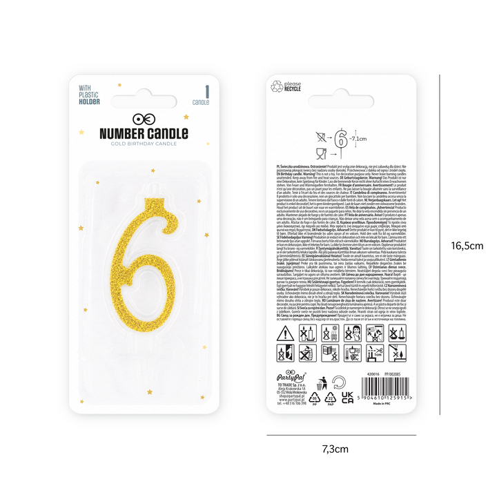 Small gold candle with glitter, number 6