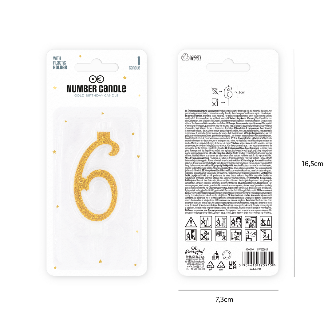 Small gold candle with glitter, number 6