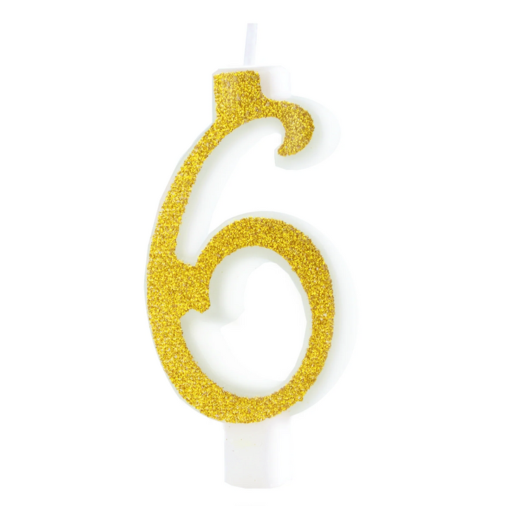 Small gold candle with glitter, number 6