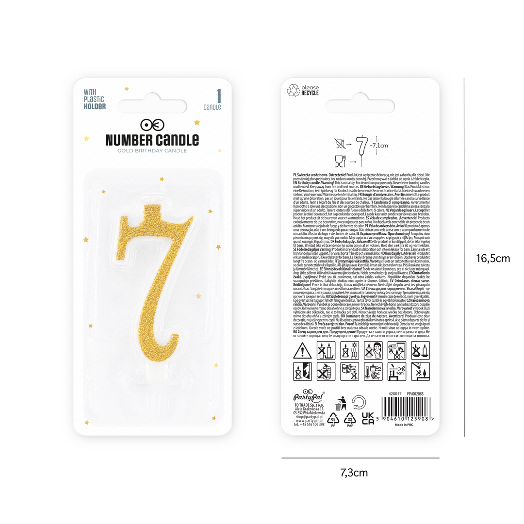 Small gold candle with glitter, number 7