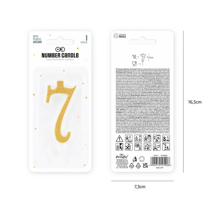 Small gold candle with glitter, number 7