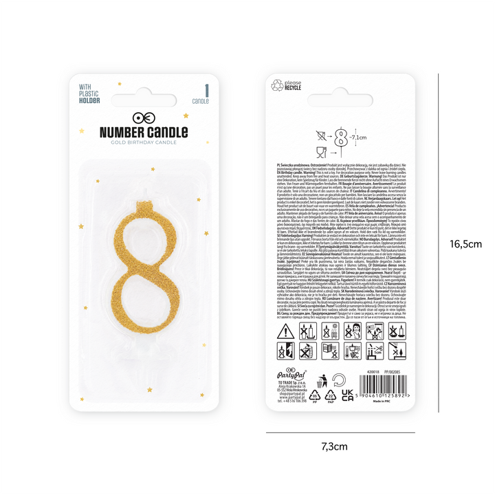 Small gold candle with glitter, number 8