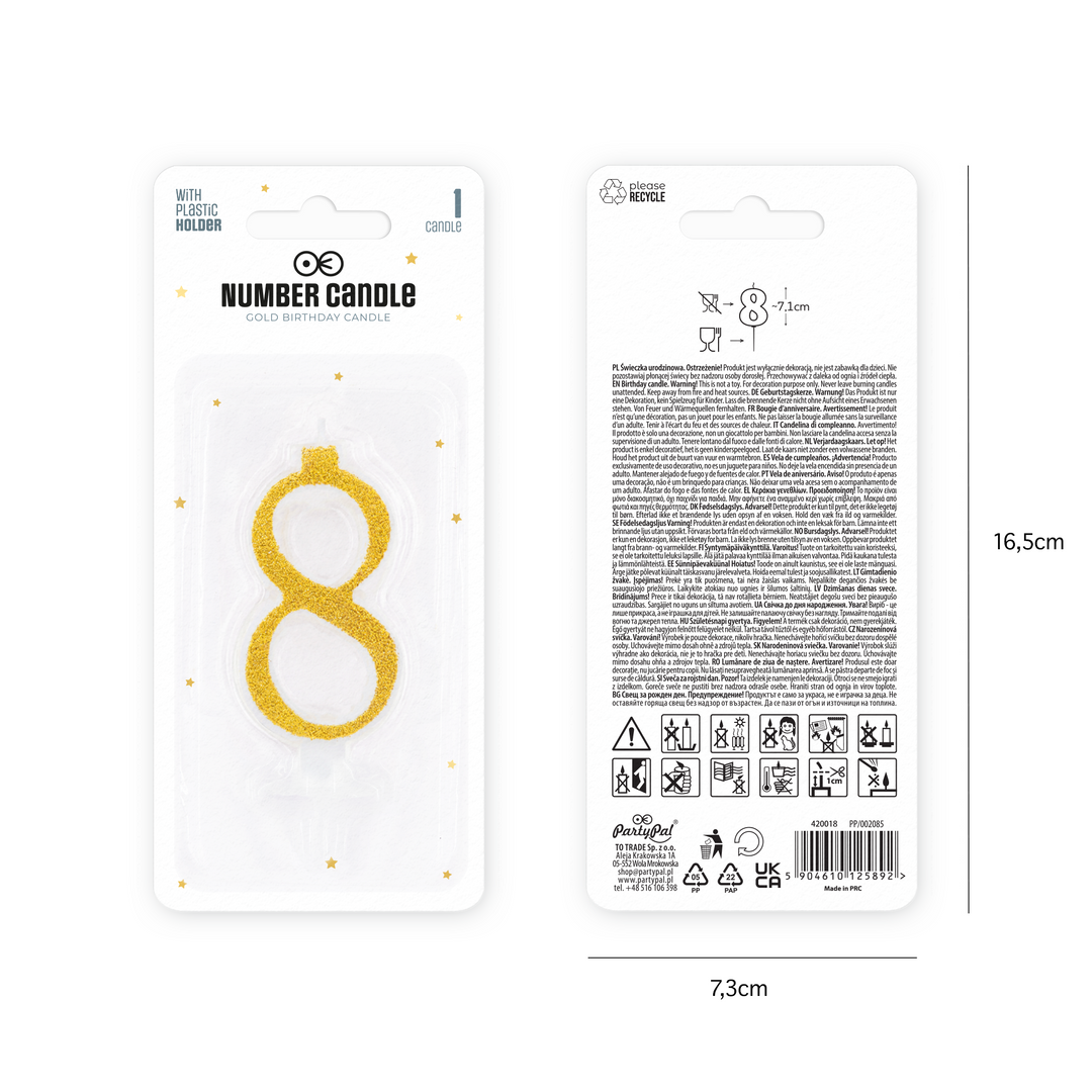 Small gold candle with glitter, number 8
