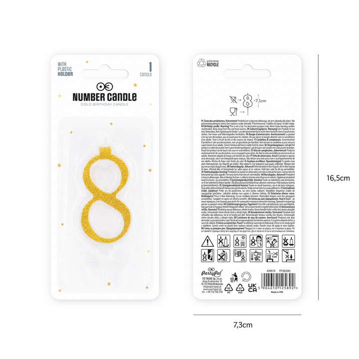Small gold candle with glitter, number 8