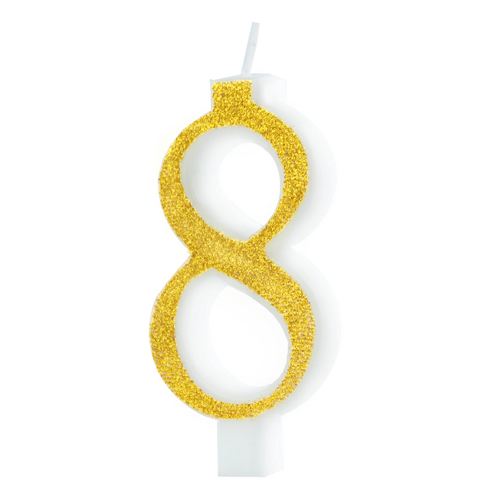 Small gold candle with glitter, number 8