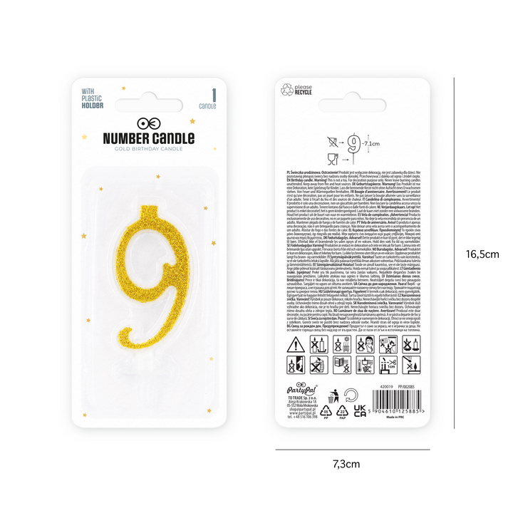 Small gold candle with glitter, number 9