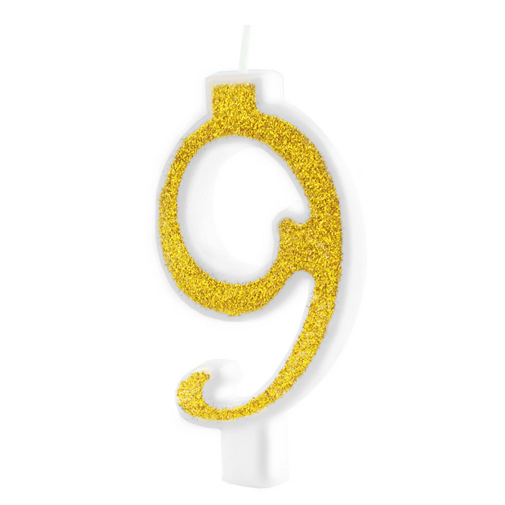 Small gold candle with glitter, number 9