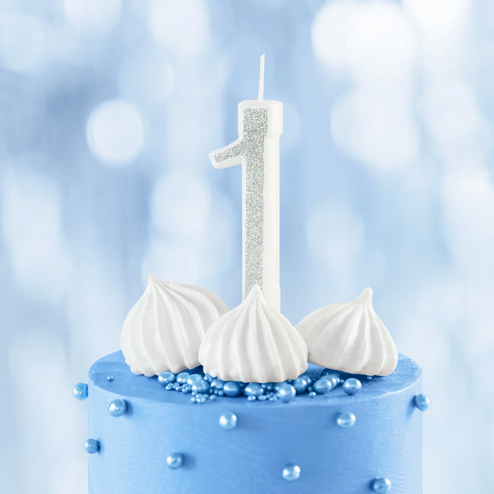 Silver candle with glitter, number 1, small