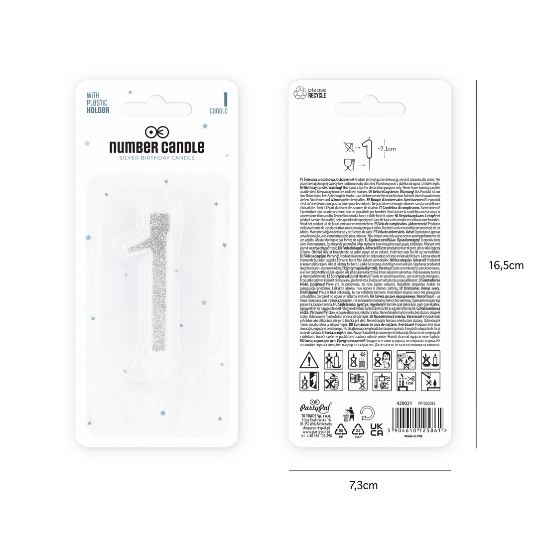 Silver candle with glitter, number 1, small