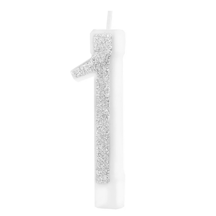 Silver candle with glitter, number 1, small