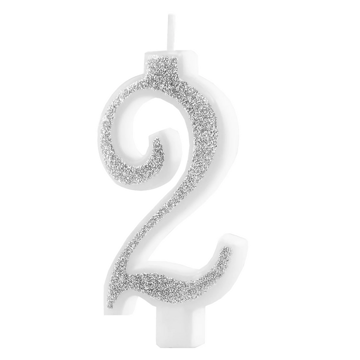 Small silver candle with glitter, number 2