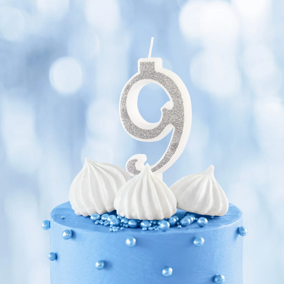 Small silver candle with glitter, number 9