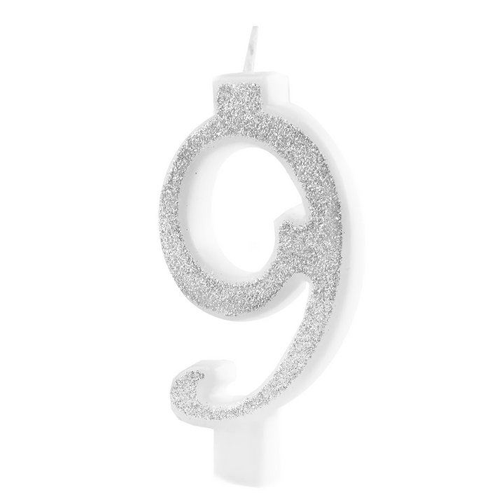 Small silver candle with glitter, number 9