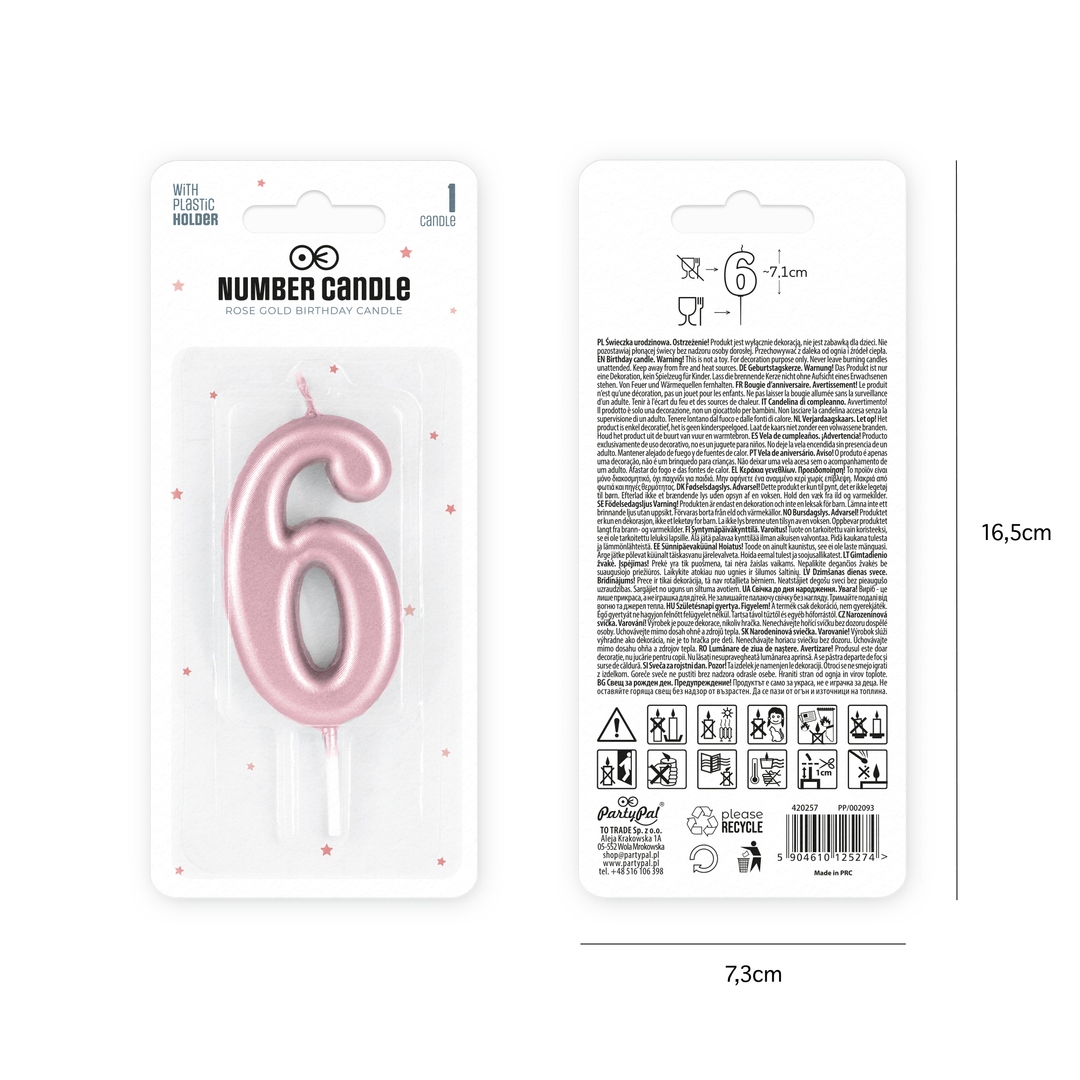 Rose gold number 6 candle
