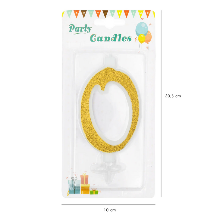 Large gold candle with glitter, number 0