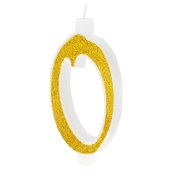 Large gold candle with glitter, number 0