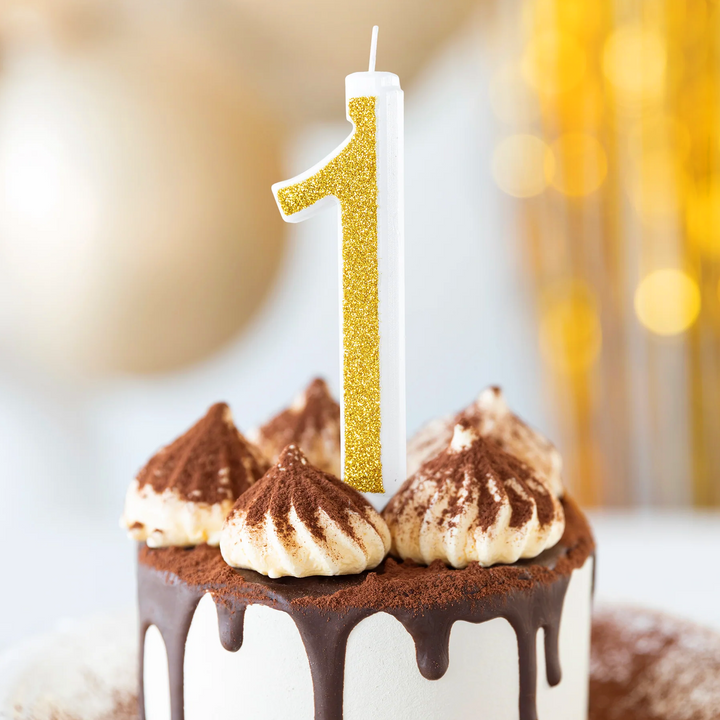 Large gold candle with glitter, number 1