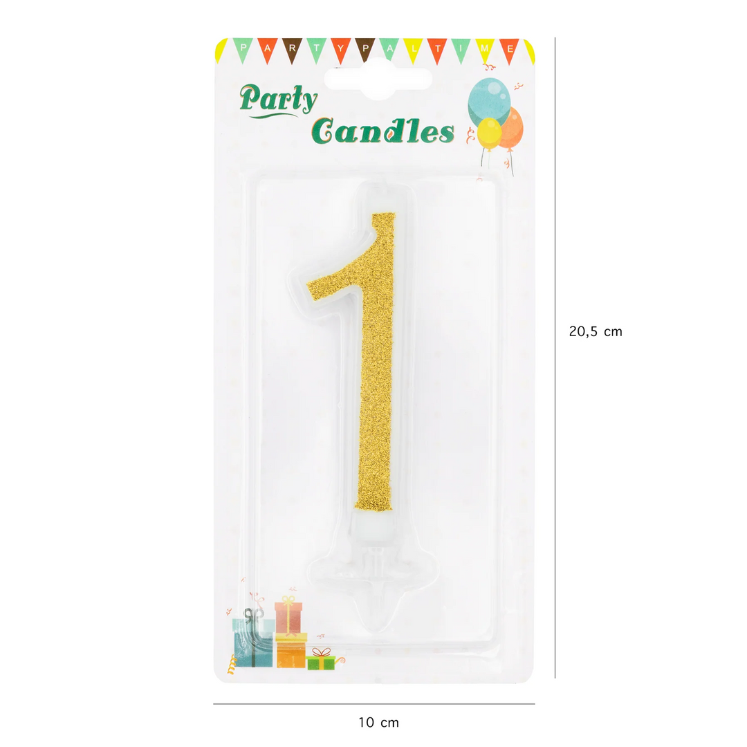 Large gold candle with glitter, number 1