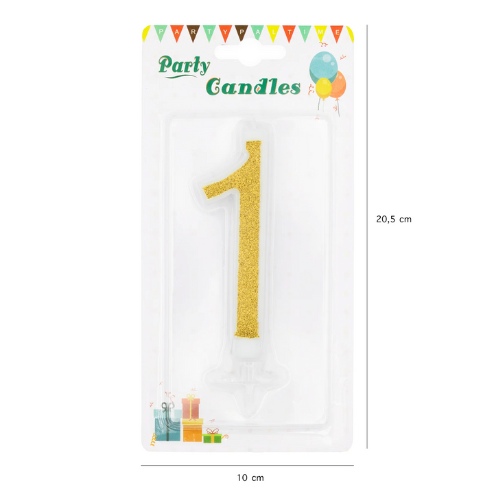 Large gold candle with glitter, number 1