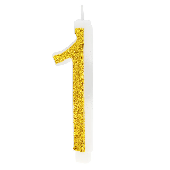 Large gold candle with glitter, number 1