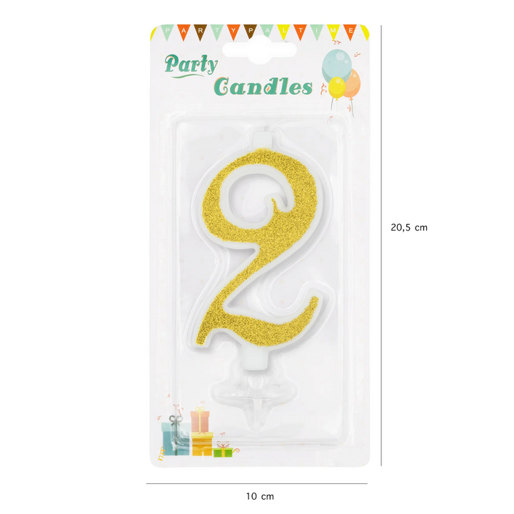Large gold candle with glitter, number 2