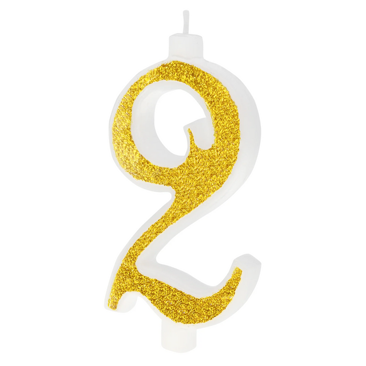 Large gold candle with glitter, number 2