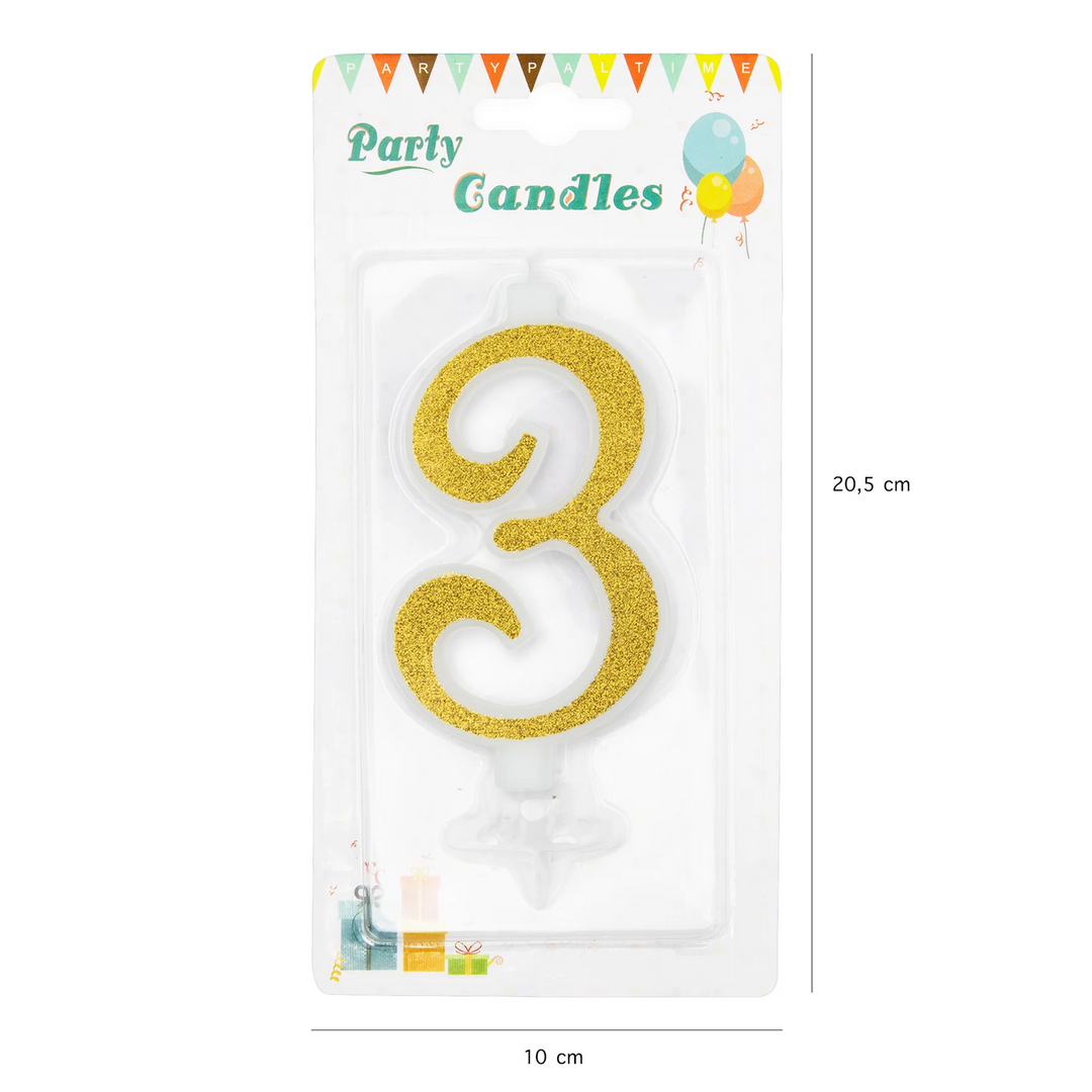 Large gold candle with glitter, number 3