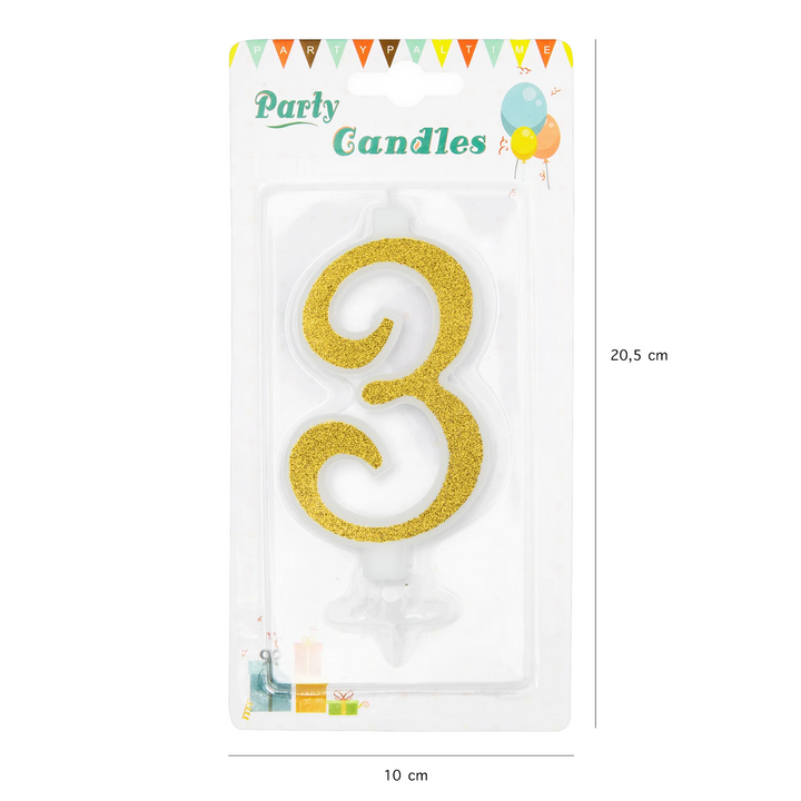 Large gold candle with glitter, number 3