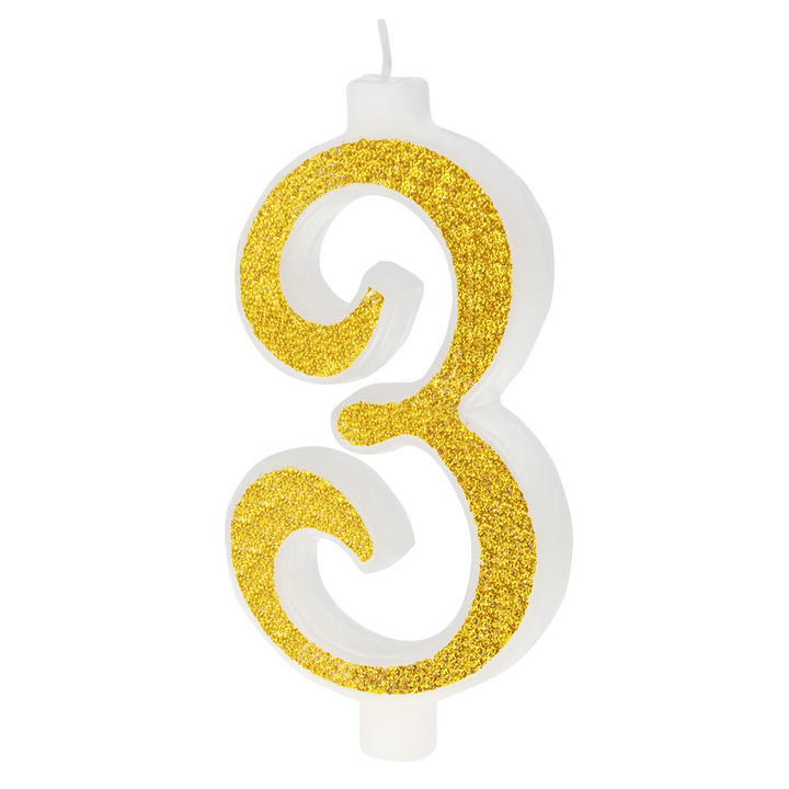 Large gold candle with glitter, number 3
