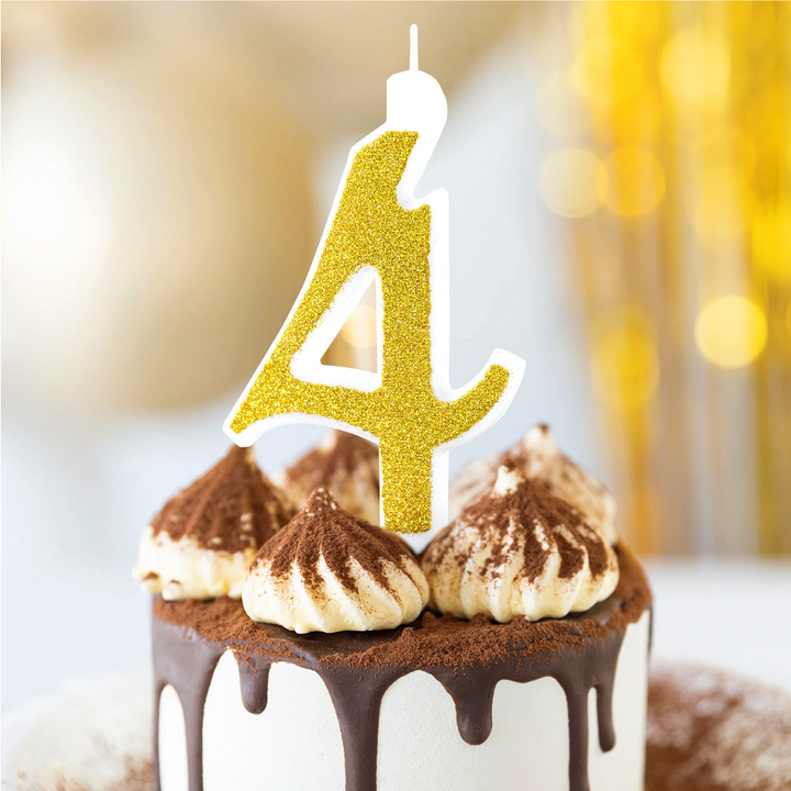 Large gold candle with glitter, number 4
