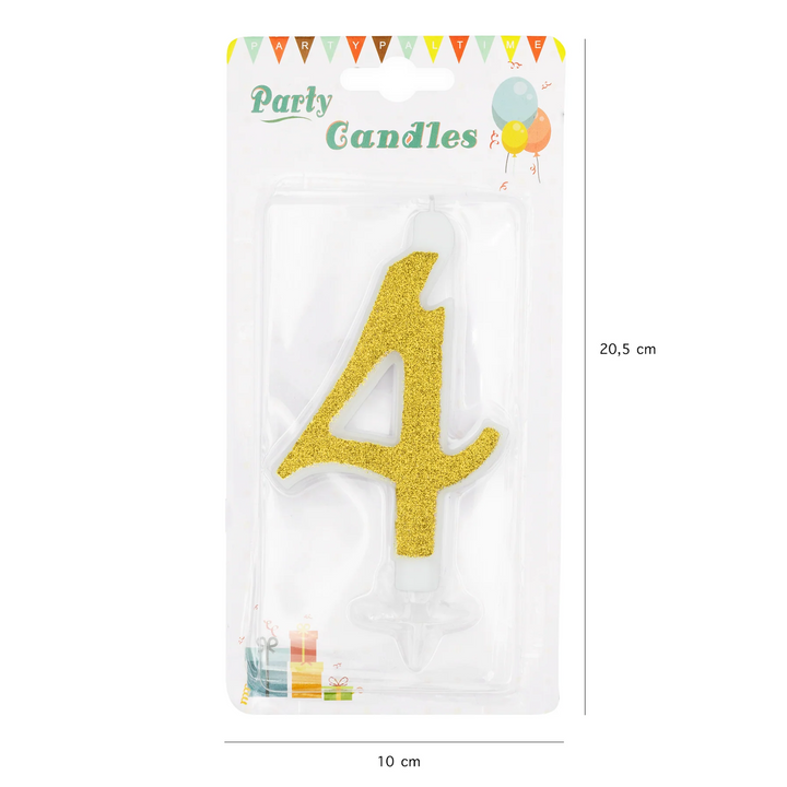 Large gold candle with glitter, number 4