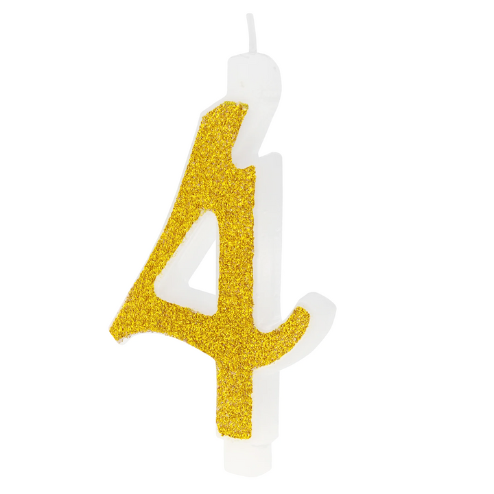Large gold candle with glitter, number 4